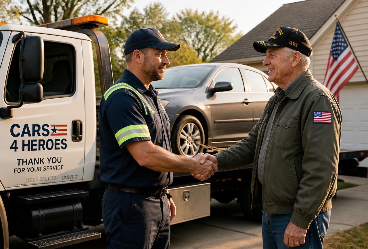 Tow operator thanking a military veteran while picking up a donated car