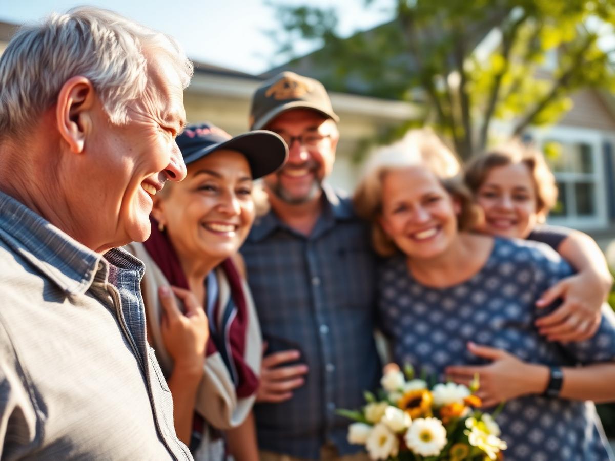 A smiling American veteran with his family outside their home